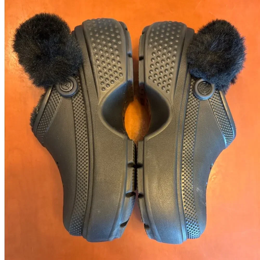 Crocs Faux Fur Lined Platform Clogs All Black Vegan Lug Sole Unisex M5 W7